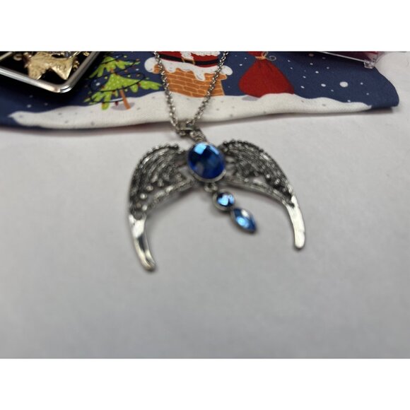 Angel-Themed Christmas Jewelry Gift Set: Blue Gem Necklace Angel Pin & Brooch Fe - Picture 4 of 6